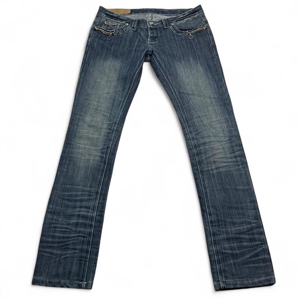 Y2K Low Rise Flare Jeans Dark wash denim zipper details and distressed finish